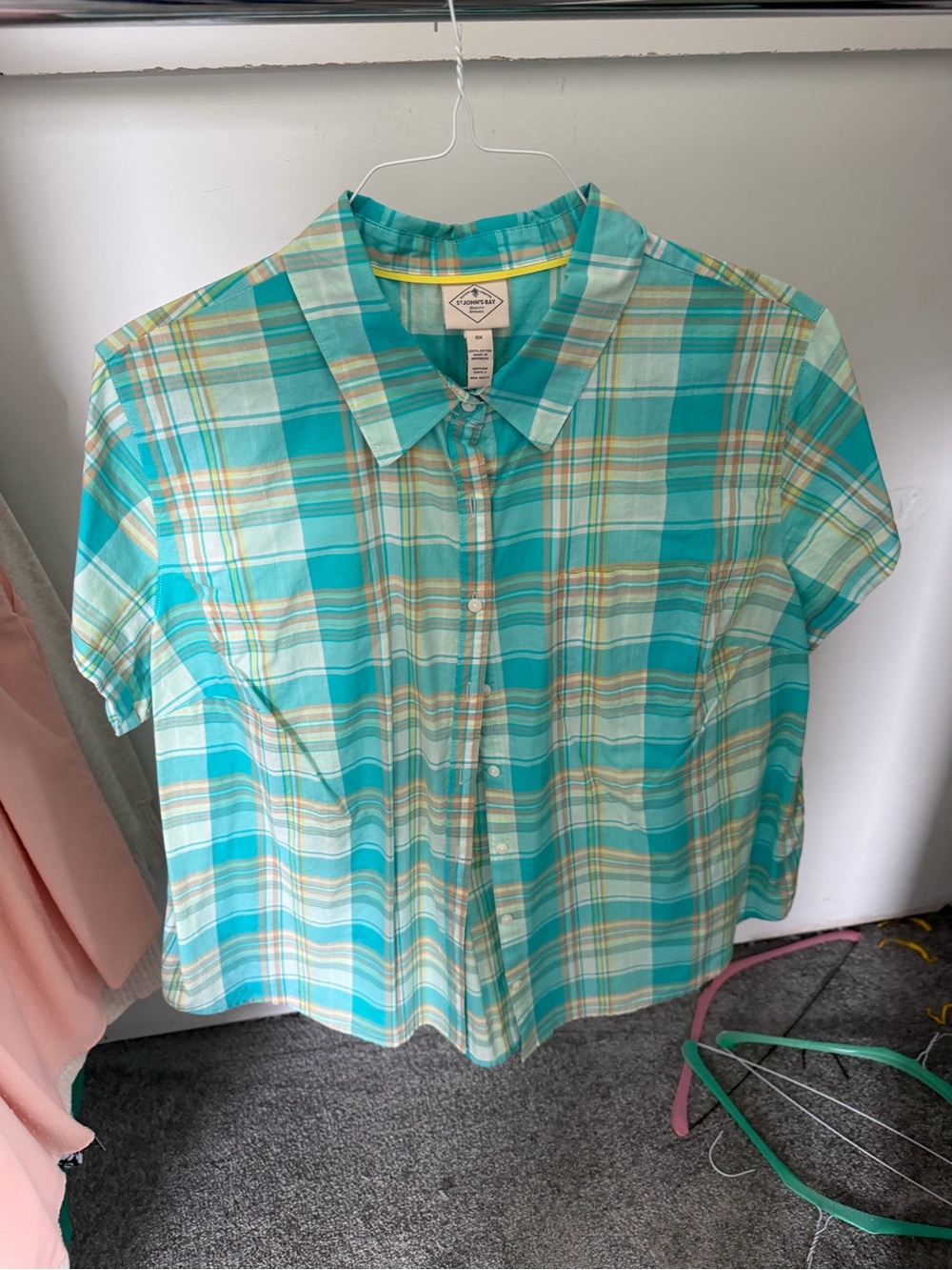 St. John’s bay women’s button down Short Sleeve Shirt Teal Plaid Size 0X
